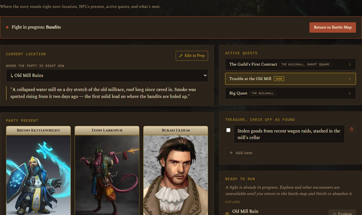 A live battle map mid-combat with a token's quick-action popup open