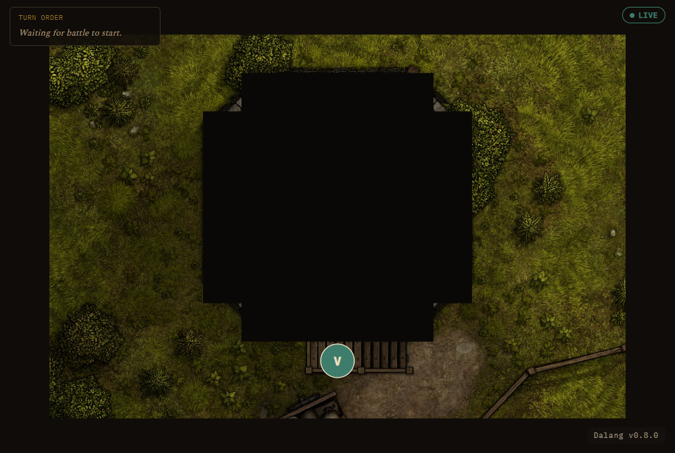 The player view showing the live battle map with a LIVE badge