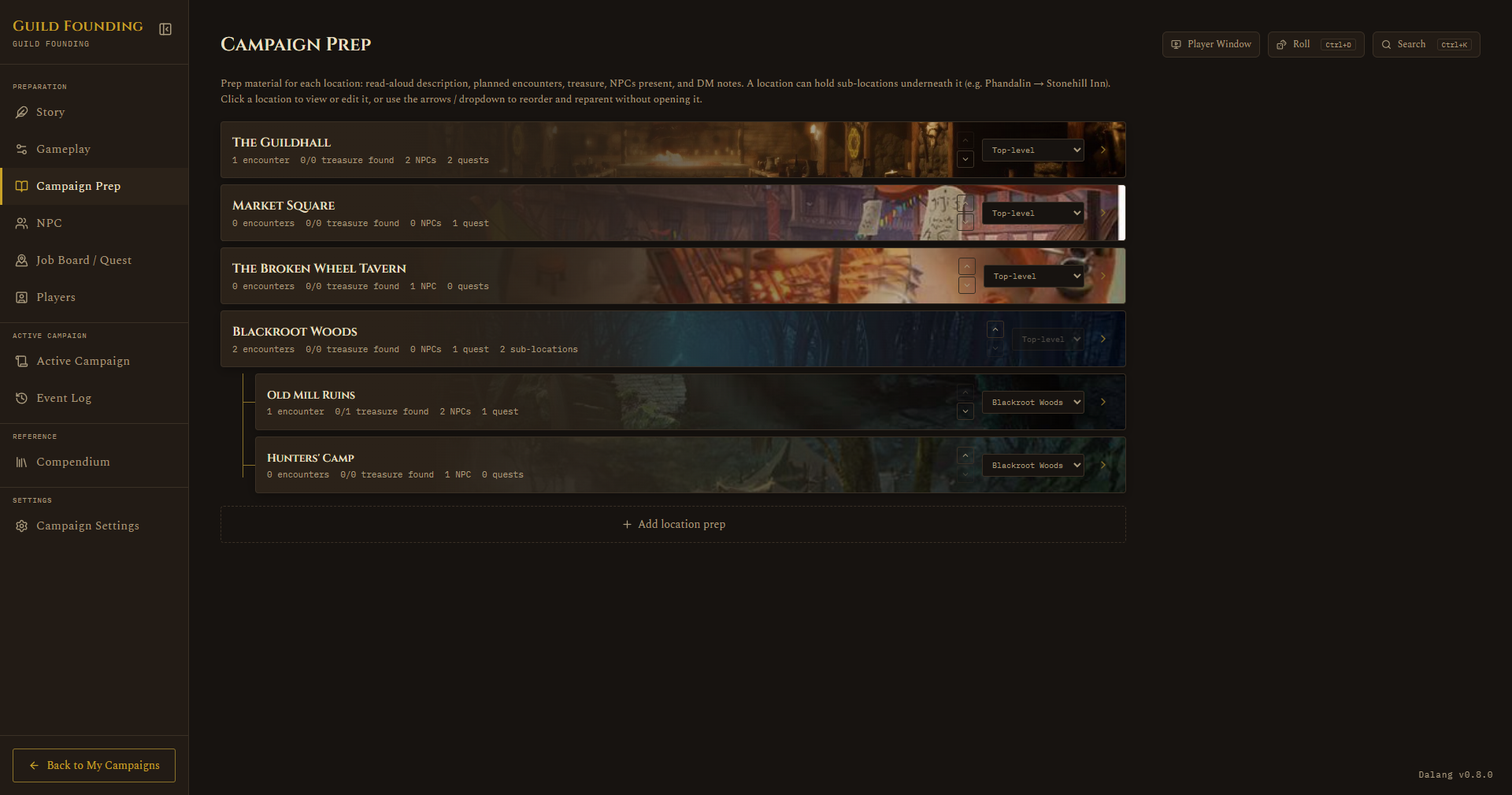 The Campaign Prep location list with nested sub-locations